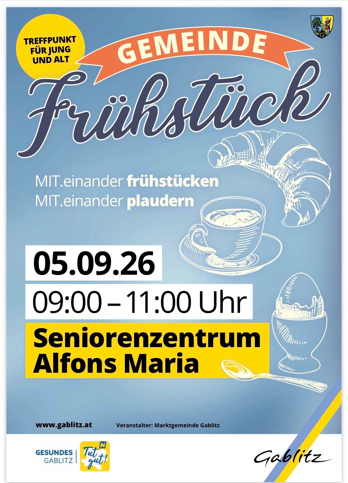 Ein Plakat für ein Frühstücksevent im Seniorenzentrum Alfons Maria am 5. September 2026 von 9:00 bis 11:00 Uhr. Es zeigt ein Croissant, eine Tasse Kaffee und ein Ei.