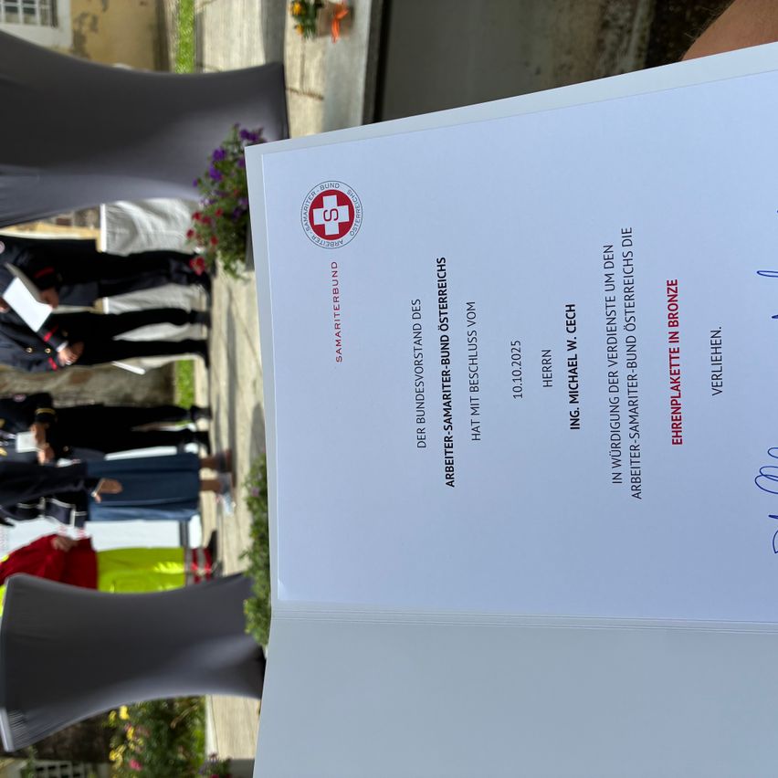 An award certificate for Michael W. Cech for nursing service in bronze, issued by the Austrian Red Cross.