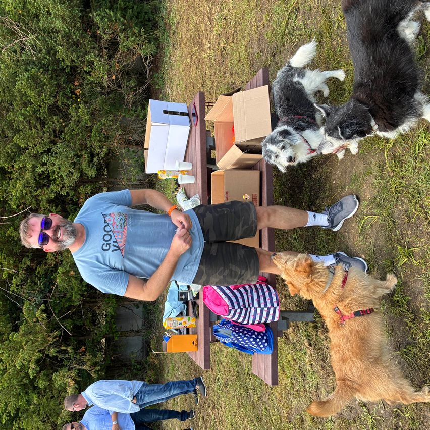 Ein Mann in einem blauen T-Shirt sitzt auf einer Picknickbank mit drei Hunden, von denen einer ein rotes Halsband trägt. Hinter ihm stehen zwei Kartons und ein weißer Kasten.
