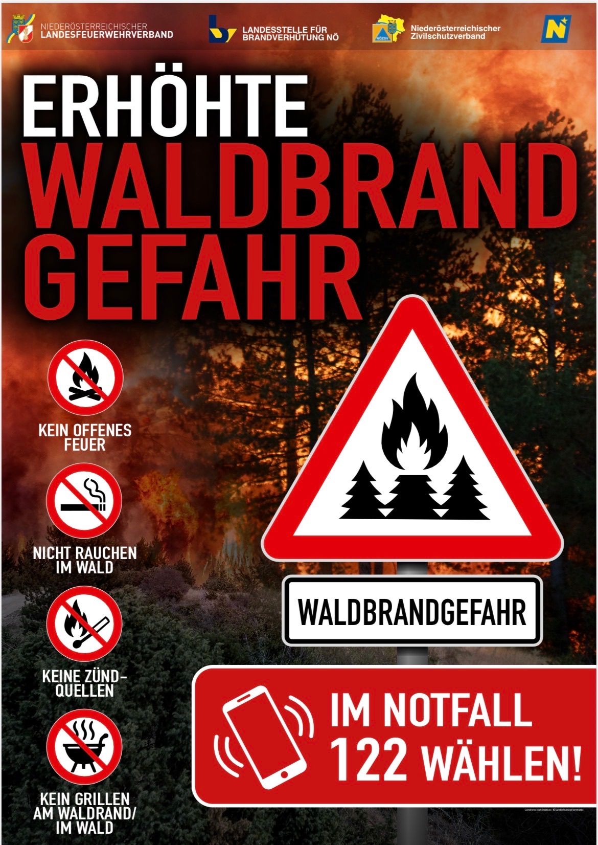 Plakat mit 'Waldbrand Gefahr' Warnung, zeigt Verbotszeichen für offenes Feuer und Rauchen, ein Schild für 'Waldbrandgefahr' und einen Notfallanruf.