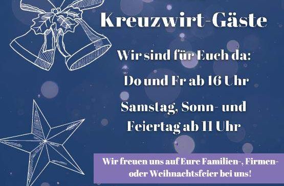 Der Kreuzwirt Gasthof veranstaltet einen Adventmarkt am Freitag, 21. November ab 16 Uhr. Es gibt verschiedene Öffnungszeiten und Kontaktdaten.
