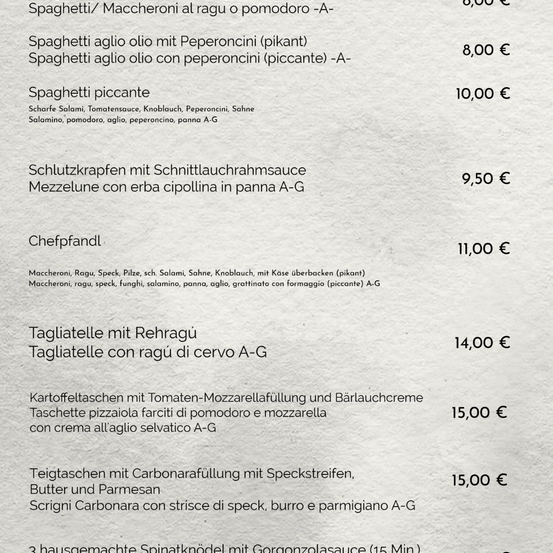 Ein Restaurantmenü mit Pasta, Fleischgerichten und Gemüsegerichten. Gerichte umfassen Spaghetti mit Tomaten, scharfe Spaghetti und Linguine mit Knoblauch und Chilisauce.