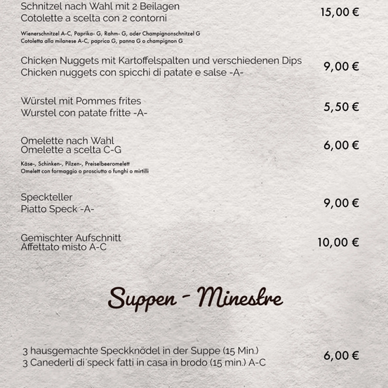 Das Menü bietet verschiedene Auswahlmöglichkeiten wie Wienerschnitzel, Chicken Nuggets, Würste, Omelette und verschiedene Beilagen. Die Suppe enthält hausgemachte Speckknödel. Die Preise sind in Euro angegeben.