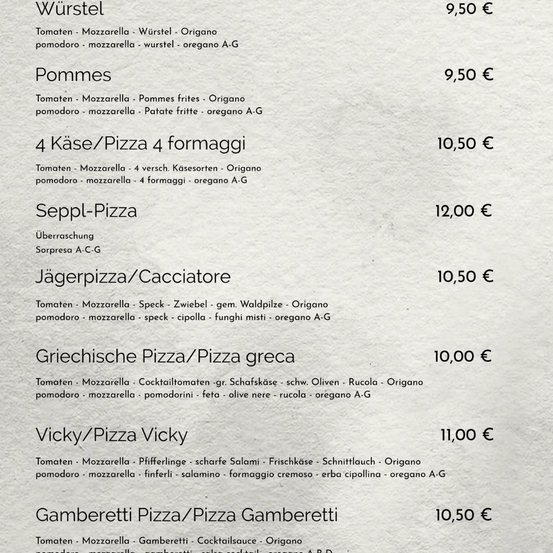 Ein Menü mit verschiedenen Pizzen und Preisen: Wurstel, Pommes, 4 Käse, Seppl-Pizza, Jägerpizza, Griechische Pizza, Vicky und Gamberetti. Jede Pizza enthält Tomaten, Mozzarella und zusätzliche Zutaten wie Speck, Pilze, Oliven und mehr.