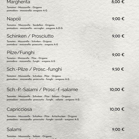 Eine Speisekarte mit Margherita für 8,00 Euro, Napoli für 9,00 Euro, Schinken/Prosciutto für 9,00 Euro, Pilze/Funghi für 9,00 Euro, Sch.-Pilze/Prosc.-Funghi für 9,50 Euro, Sch.-P.-Salami/Prosc.-f.-salami für 10,00 Euro, Capricciosa für 10,00 Euro und Salami für 9,00 Euro.