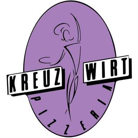 Eine kreisförmige Illustration mit dem Text 'Kreuz' und 'Wirt' in fettem, stilisierten Schrift. Der Hintergrund ist ein Farbverlauf von Lila und Weiß, der einem Uhrzeiger ähnelt.