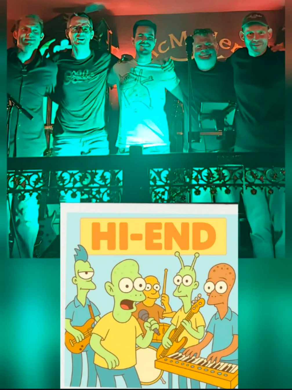 Eine Band spielt auf einem Balkon mit grünem Licht, und ein Poster der Simpsons-Band 'HI-END' ist im Vordergrund.