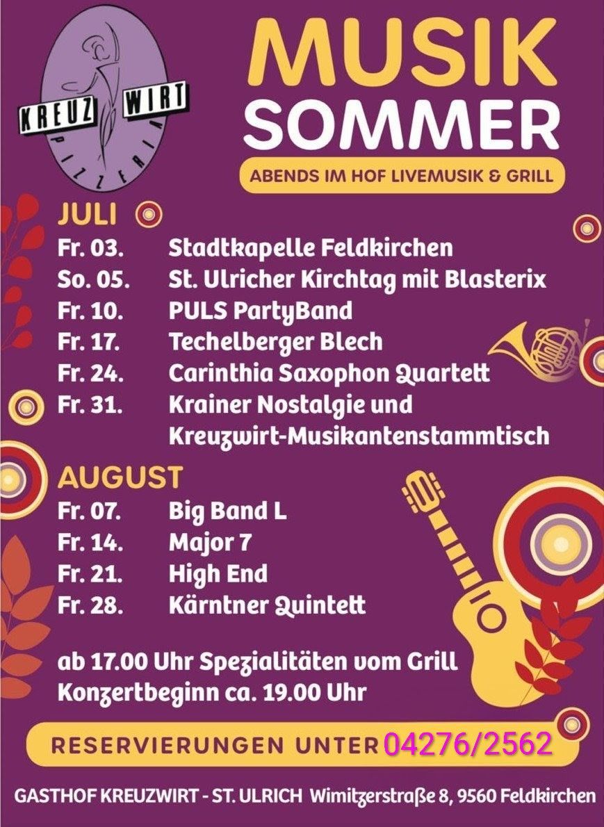 Plakat für Sommerveranstaltungen im Kreuzwirt. Termine und Bands aufgelistet, Beginn um 17 Uhr, Konzerte starten um 19 Uhr.
