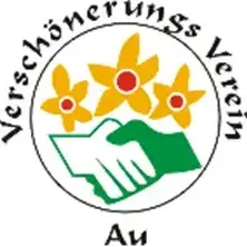 Ein Logo mit drei gelben Blumen mit roten Zentren und zwei Händen, eine grün und eine weiß, die zusammengepresst sind, mit den Worten 'Verschönerungs Verein' darüber und 'Au' darunter.