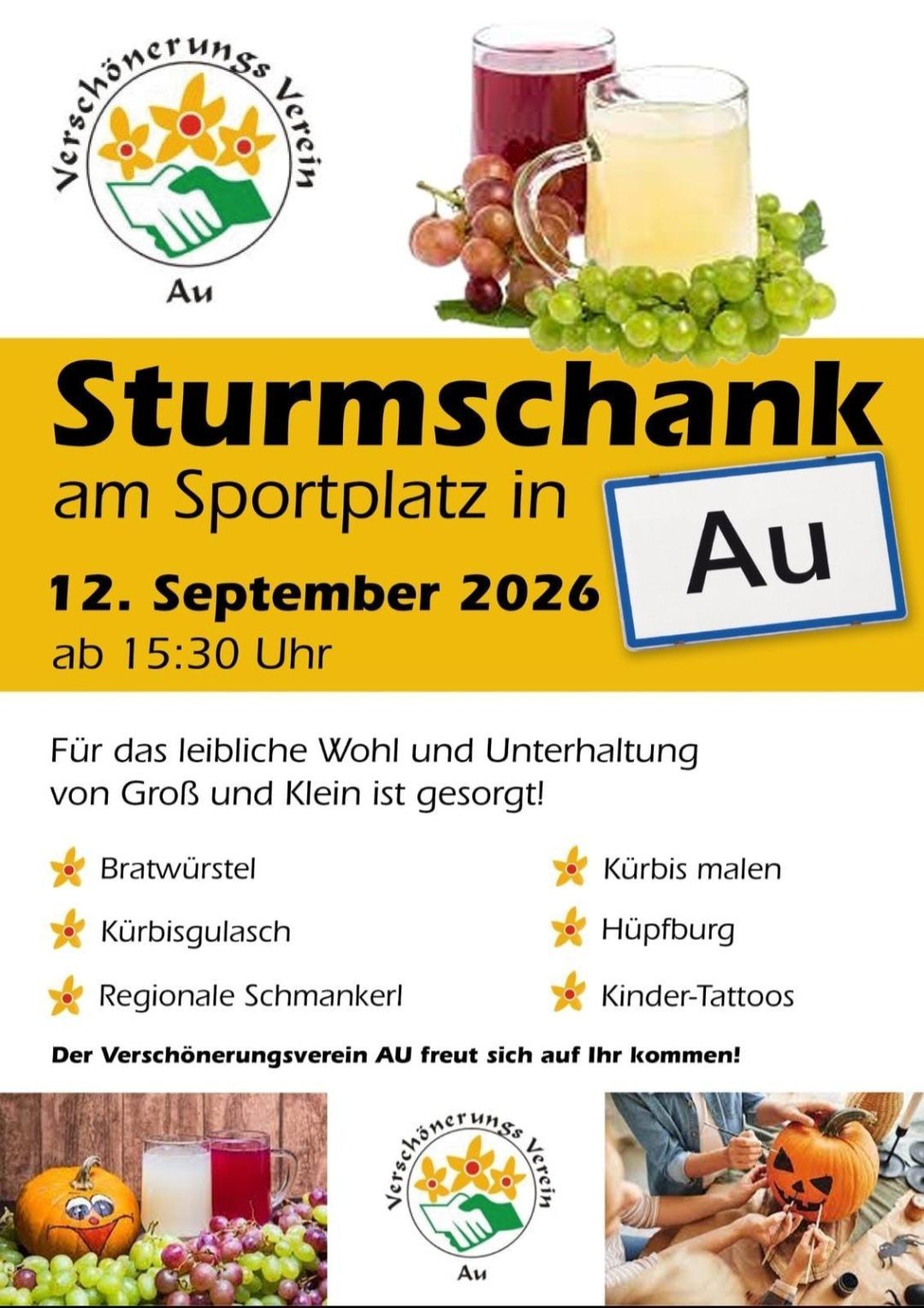 Poster for a wine-tasting event in Au, featuring grapes and a wine glass, scheduled for September 12, 2026, starting at 3:30 PM. Activities include pumpkin carving, bratwurst, and children's tattoos.