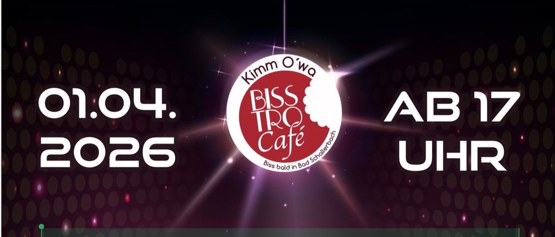 Plakat für die Eröffnung eines neuen Cafés mit Willkommensgetränk und Discomusik jeden Freitag, ab 19 Uhr am 1. Juni 2026.