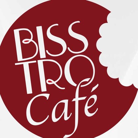 Das Logo für BISSTRO CAFE, mit einem roten Kreis und weißem Text, beinhaltet ein wolkenartiges Design auf der rechten Seite.