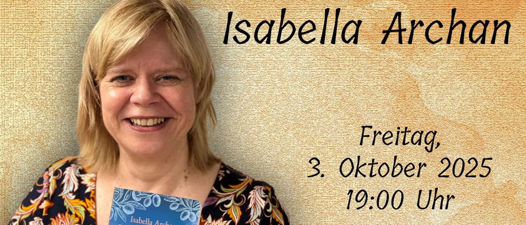 Eine lächelnde Frau hält ein Buch mit dem Titel 'Die Schlange von Sirmione'. Das Buchcover zeigt eine malerische Szene. Unter dem Bild steht der Text 'Freitag, 3. Oktober 2025 19:00 Uhr Eintritt: Freiwillige Spende'. Das Buchcover hat ein Logo mit einem Halbmond und Sternen.