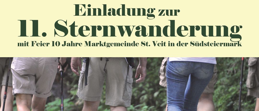 Ein Plakat für die 11. Sternenwanderung in St. Veit, Südsteiermark, am Sonntag, den 26. Oktober 2025. Die Veranstaltung beginnt um 14:00 Uhr am Dorfplatz/Rusthaus Pichla. Es gibt Start- und Treffpunkte für Wanderer und Radfahrer.