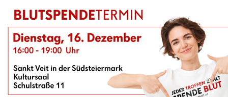 Plakat für eine Veranstaltung am 16. Dezember um 20:00 Uhr in Suedsteiermark, mit einer lächelnden Frau, die auf ihr weißes T-Shirt mit 'JED' zeigt.