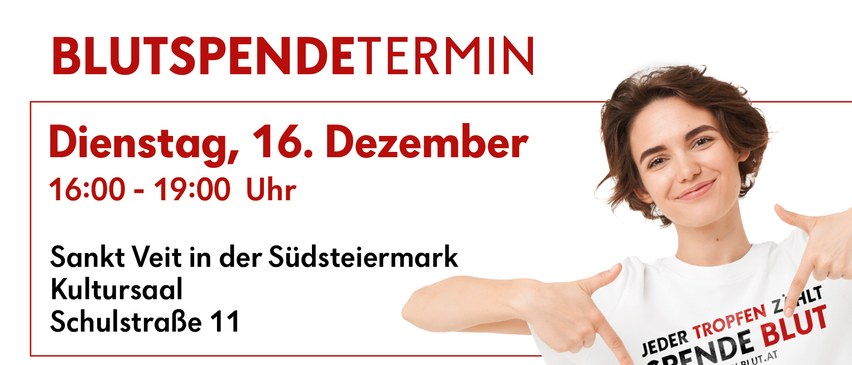 Plakat für eine Veranstaltung am 16. Dezember um 20:00 Uhr in Suedsteiermark, mit einer lächelnden Frau, die auf ihr weißes T-Shirt mit 'JED' zeigt.