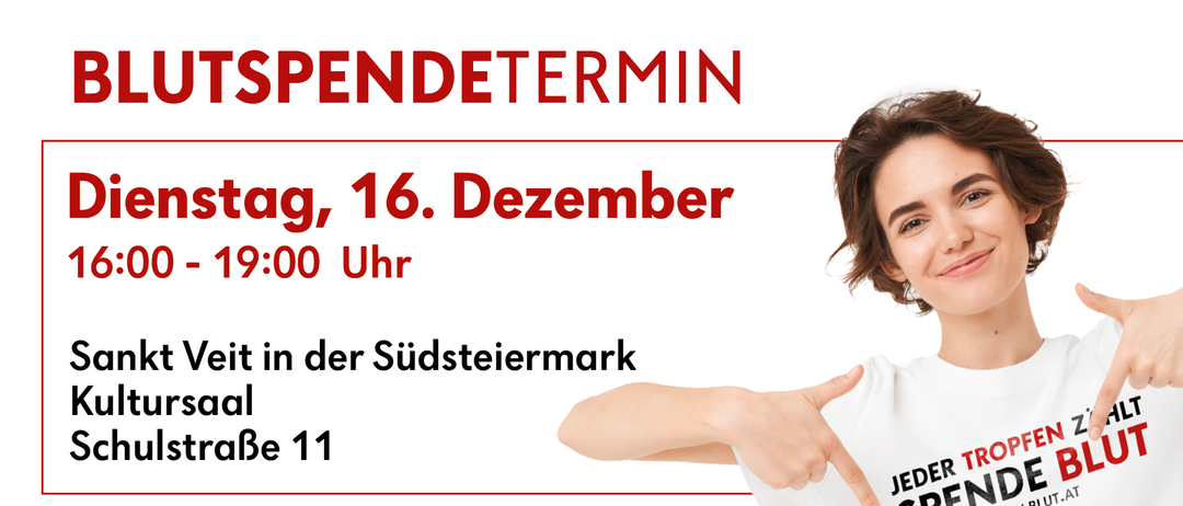 Plakat für eine Veranstaltung am 16. Dezember um 20:00 Uhr in Suedsteiermark, mit einer lächelnden Frau, die auf ihr weißes T-Shirt mit 'JED' zeigt.
