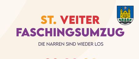 Ein Plakat für die Faschingsumzug-Veranstaltung am 8. Februar 2026. Beginn um 12:00 in Wagendorf und 13:00 im Ortszentrum St. Veit am Vogau. Mit bunten Luftballons, Sternen und Menschen in Kostümen.