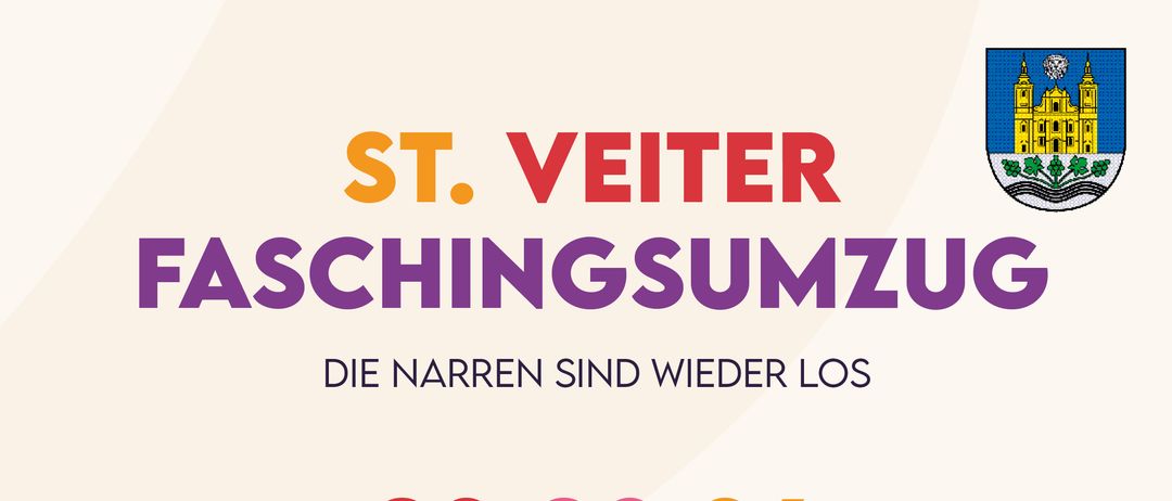 Ein Plakat für die Faschingsumzug-Veranstaltung am 8. Februar 2026. Beginn um 12:00 in Wagendorf und 13:00 im Ortszentrum St. Veit am Vogau. Mit bunten Luftballons, Sternen und Menschen in Kostümen.