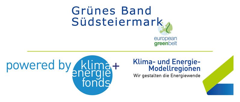 Weisse Fahne mit blauem Text, 'Grünes Band Südsteiermark'. Darunter 'powered by', 'Klima+energie fonds' und 'European Green Belt' Logos. 'Klima- und Energie-Modellregionen' und 'Wir gestalten die Energiewende' in blauem Text.