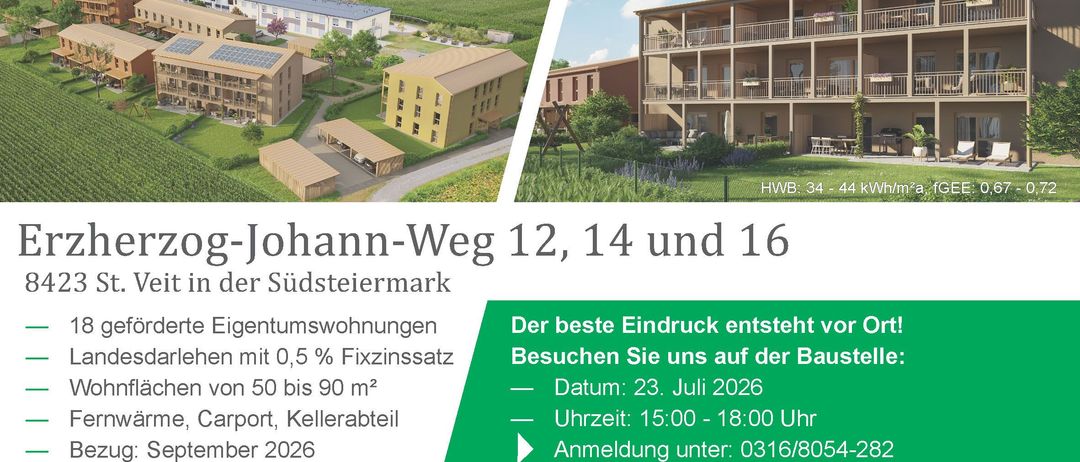 Eine Werbung für Wohngebäude in der Südsteiermark-Region, die eine Luftaufnahme der Gebäude, eines grünen Feldes und eines Baumes zeigt. Die Gebäude verfügen über Solarpanele und einen Carport. Der Text enthält Details zur Lage, Größe und Energieeffizienz der Gebäude.