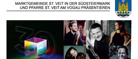 Plakat für ein Orchesterkonzert in St. Veit am Vogau am 16. August um 19:30. Das Programm umfasst Mozart und Brahms, gespielt von Andreas Schablas an der Klarinette. Tickets sind online oder an der Abendkasse erhältlich.