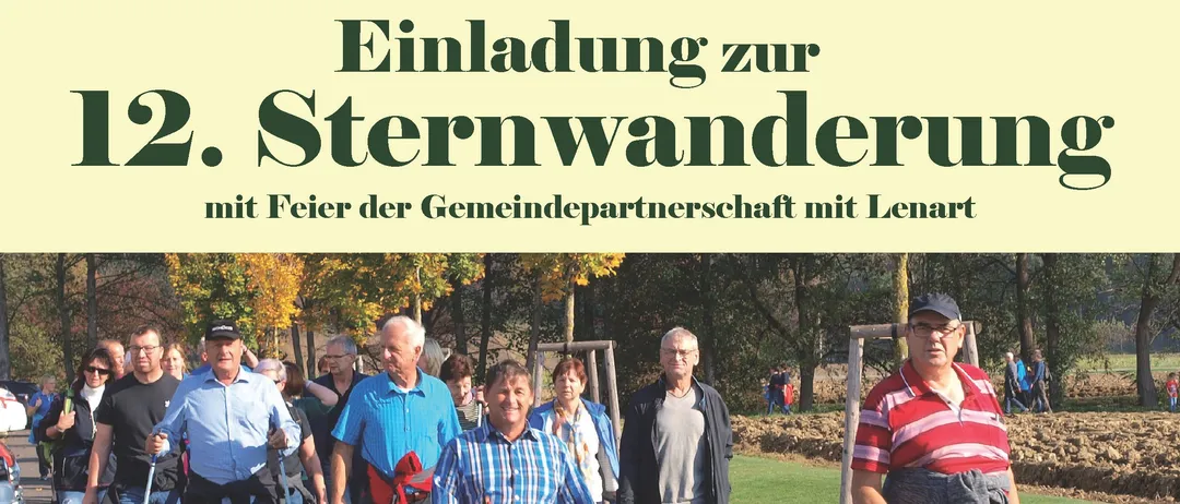 Werbeplakat für die 12. Sternwanderung am 26. Oktober 2026 mit einer Gruppe von Menschen, die mit Trekkingstöcken gehen. Die Veranstaltung findet in Partnerschaft mit Lenart statt.