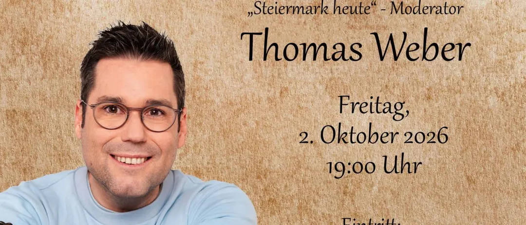 Ein Plakat zeigt einen lächelnden Mann mit einem Buch und einem Mond. Der Text lautet 'Buchgeflüster' und 'Lesungen in Toms Büchereck'. Das Datum und die Uhrzeit sind der 2. Oktober 2026 um 19:00. Die Ticketpreise sind aufgeführt.