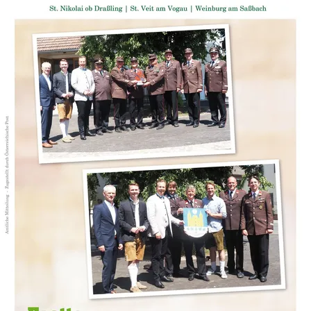 Eine Gruppe von Männern in Uniformen und Anzügen steht in zwei separaten Fotos zusammen, eines mit einem Gebäude im Hintergrund und das andere mit einem Baum.