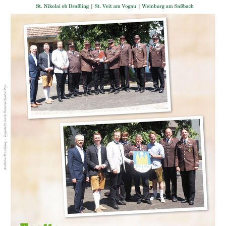 Eine Gruppe von Männern in Uniformen und Anzügen steht in zwei separaten Fotos zusammen, eines mit einem Gebäude im Hintergrund und das andere mit einem Baum.