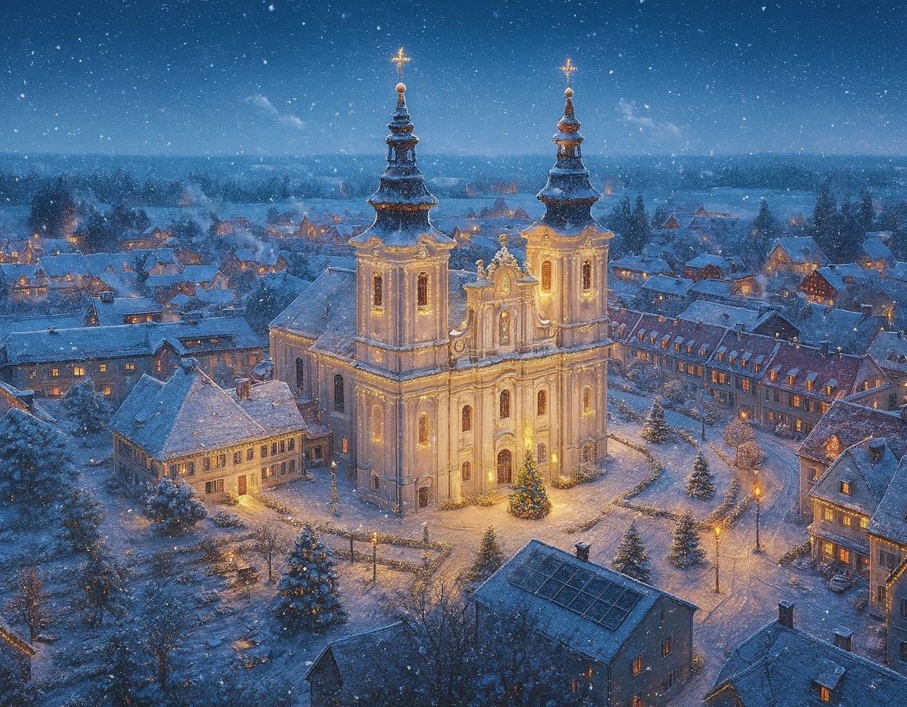 Eine verschneite Dorfszene bei Nacht, mit einer wunderschön beleuchteten Kirche und einem Weihnachtsbaum davor. Die Kirche und die umliegenden Gebäude sind mit Weihnachtslichtern geschmückt.
