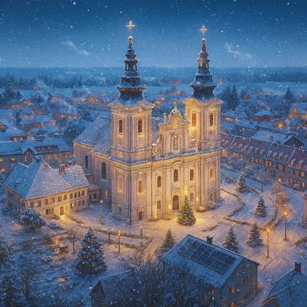 Eine verschneite Dorfszene bei Nacht, mit einer wunderschön beleuchteten Kirche und einem Weihnachtsbaum davor. Die Kirche und die umliegenden Gebäude sind mit Weihnachtslichtern geschmückt.