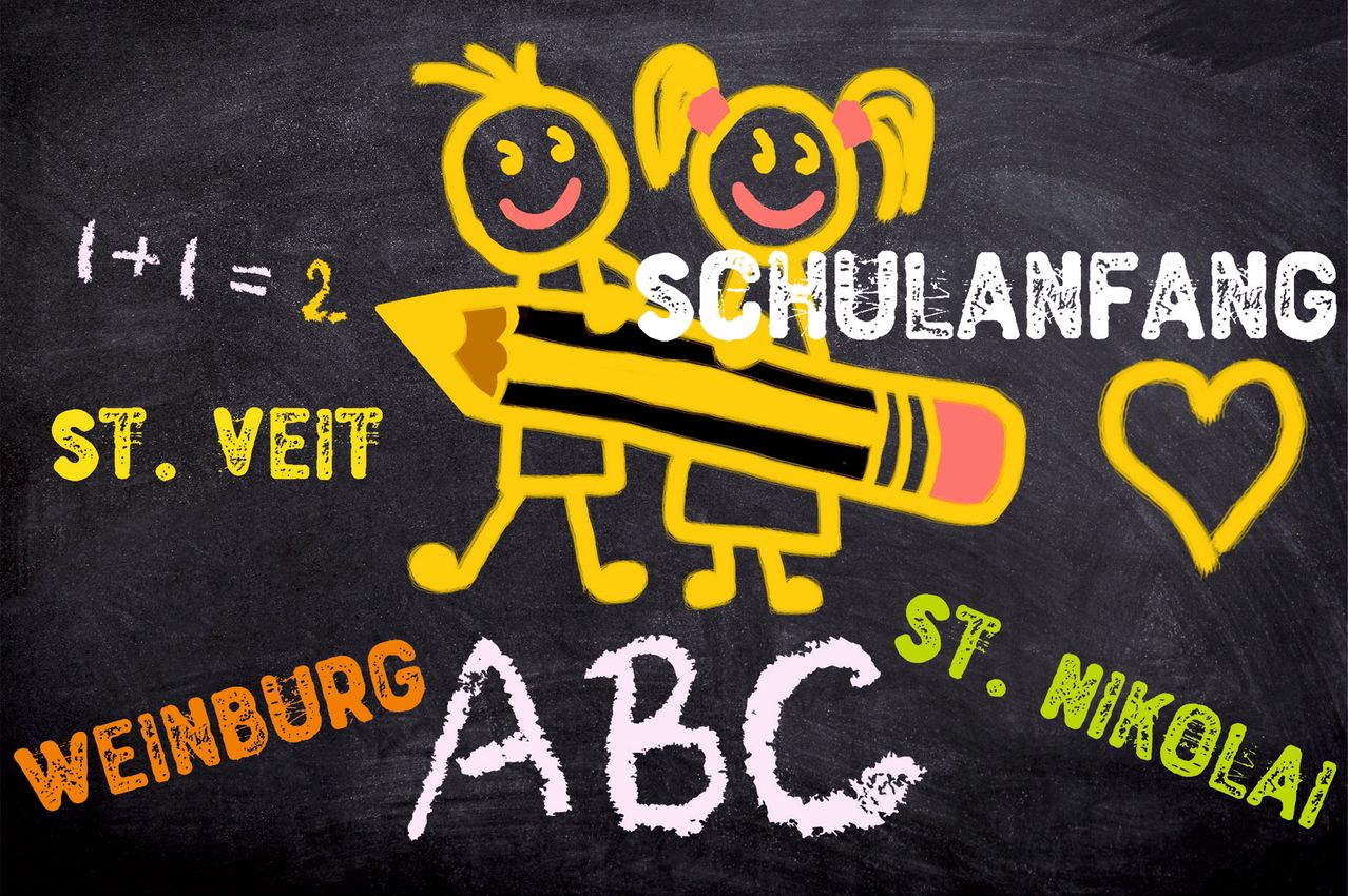 Eine Kreidetafel mit zwei glücklichen Kindern, die einen Bleistift halten. Es steht 'Schulanfang=2', 'VEIT', 'BURG ABC' und 'ST. NI'.