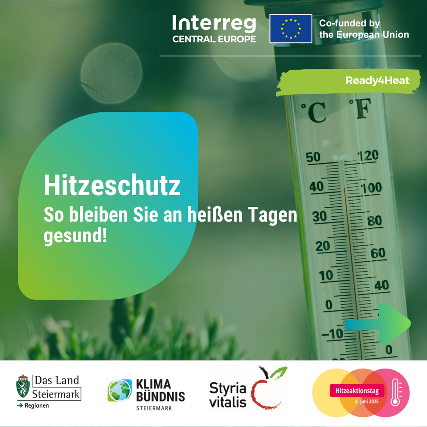 Das Interreg Central Europe Poster fördert den Hitzeschutz und zeigt ein Thermometer mit dem Text 'Ready4Heat'. Es rät, an heißen Tagen gesund zu bleiben und wird von der Europäischen Union gefördert.