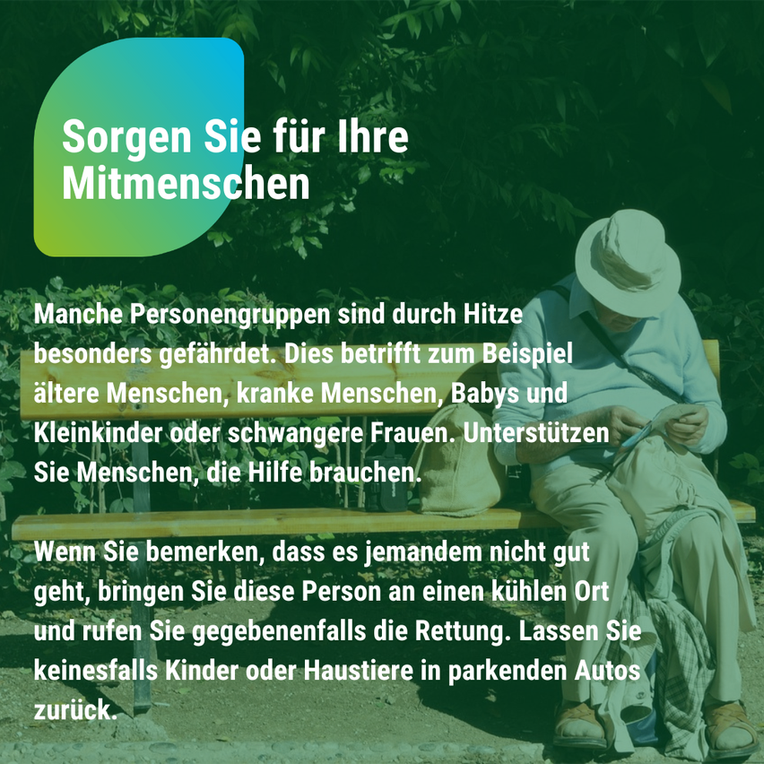 Ein Bild zeigt einen Mann, der auf einer Bank sitzt, mit Text in Deutsch. Der Text lautet: 'Sorgen Sie für Ihre Mitmenschen.' Der Mann sieht nachdenklich aus. Es wird betont, dass man Menschen helfen sollte, die Hilfe brauchen, wie ältere Menschen, Kranke, Babys und schwangere Frauen.