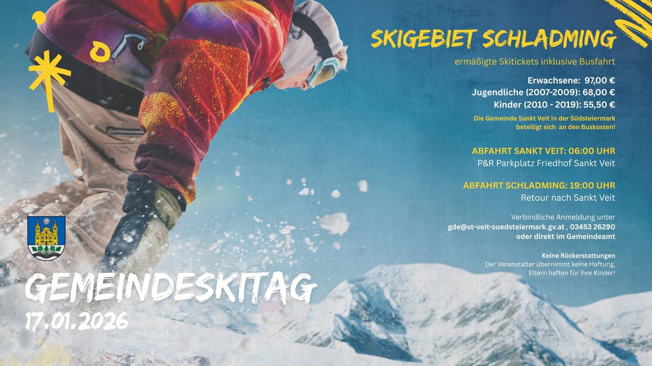 Ein Plakat für eine Skiveranstaltung zeigt einen Skifahrer in der Luft mit verschneiten Bergen im Hintergrund. Das Plakat hebt Skigebiete für Kinder und Jugendliche hervor und enthält Details zu Abfahrtspunkten und der Kontaktinformation des Veranstalters.