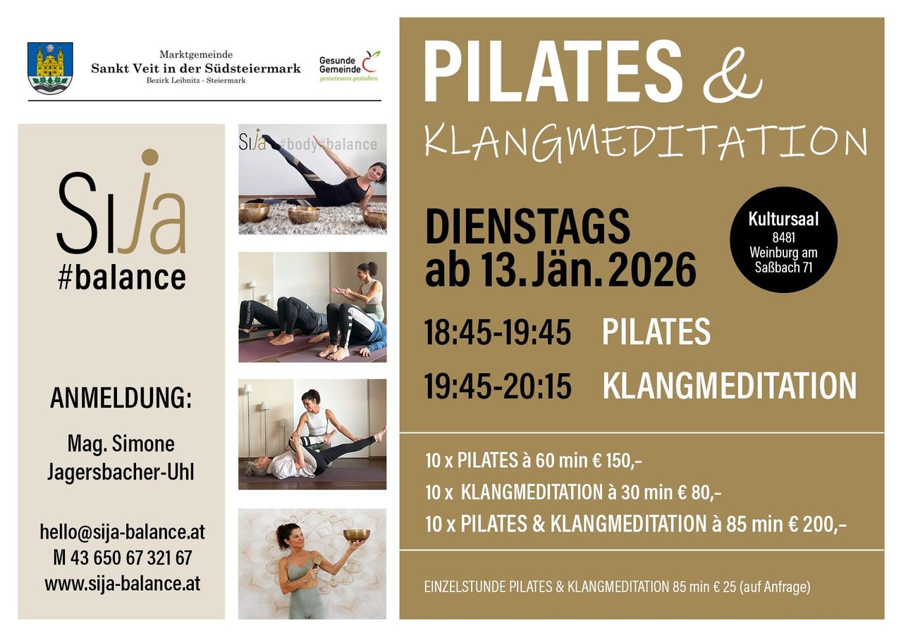 Werbeposter für Pilates- und Klangmeditationskurse in einem Studio. Die Kurse beginnen am 13. Januar 2026, mit Pilates von 18:45 bis 19:45 und Klangmeditation von 19:45 bis 20:15. Verschiedene Paketoptionen sind verfügbar.