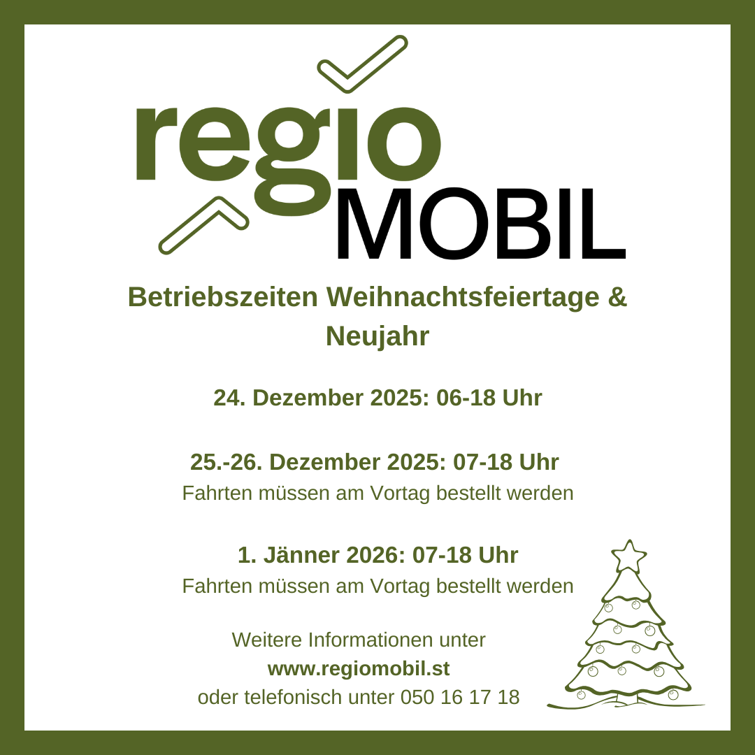 Eine Werbung für Regio Mobil, ein Unternehmen, das während der Weihnachtsfeiertage und Neujahr geöffnet hat. Die Öffnungszeiten sind 6-18 Uhr am 24. Dezember 2025, 7-18 Uhr am 25. und 26. Dezember 2025 und 7-18 Uhr am 1. Januar 2026. Reservierungen müssen am Vortag erfolgen.