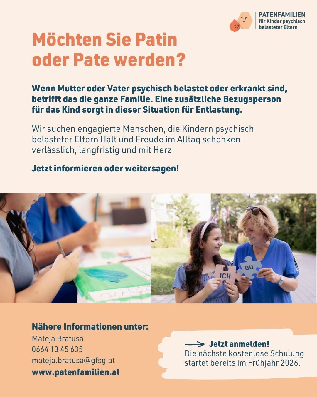 Ein Bild mit zwei Fotos von Menschen. Eines zeigt ein Kind und eine Frau, die Kunst und Handwerk machen. Das andere zeigt eine Frau und ein Mädchen, die Puzzleteile halten. Der Text handelt von einem Programm für Kinder mit Eltern, die geistig oder körperlich krank sind.