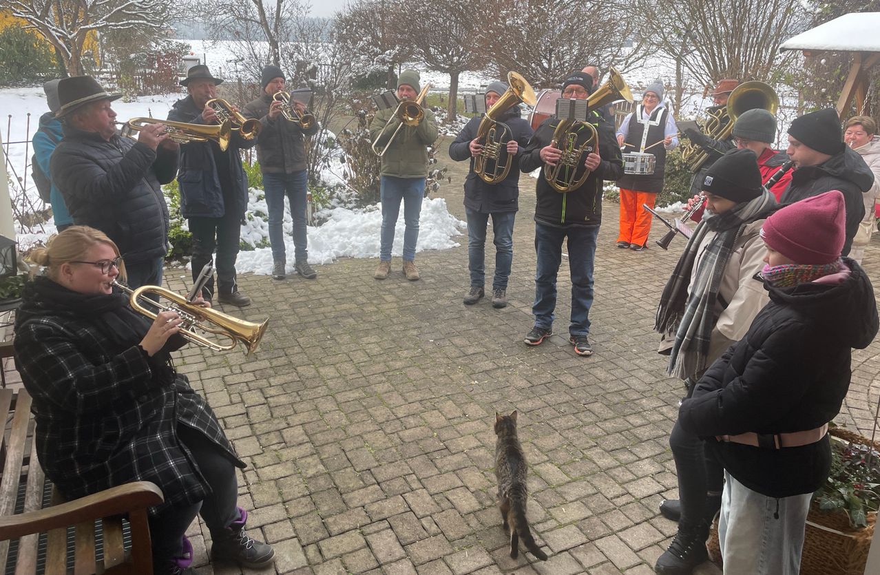Eine Gruppe von Musikern spielt verschiedene Blechblasinstrumente auf einem gepflasterten Weg in einer verschneiten Umgebung. Eine Katze schlendert zwischen ihnen.