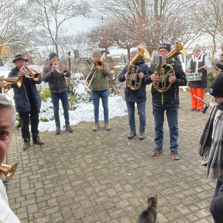 Eine Gruppe von Musikern in Winterkleidung spielt auf einem gepflasterten Weg in einer verschneiten Umgebung mit Blechblasinstrumenten. Eine Katze ist ebenfalls anwesend.