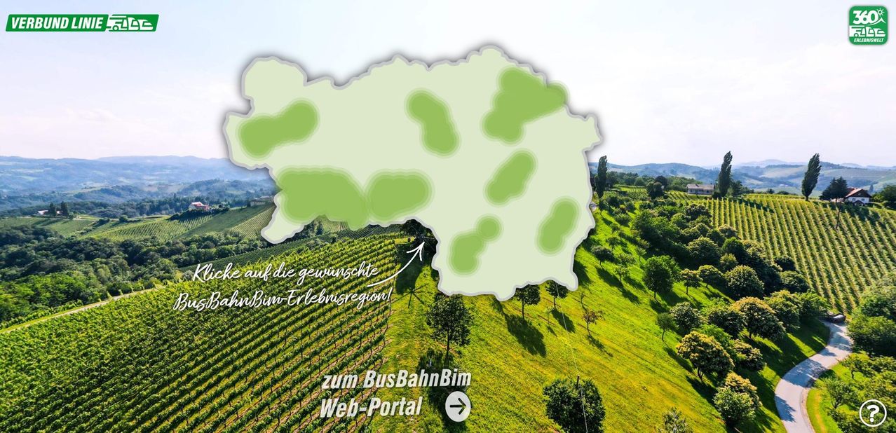 Eine Karte, die eine Weinbergregion mit einer grünen Überlagerung und einem Pfeil, der auf einen Busbahnhof zeigt, darstellt. Darunter befindet sich ein Text, der 'zum BusBahnBim Web-Portal' lautet.
