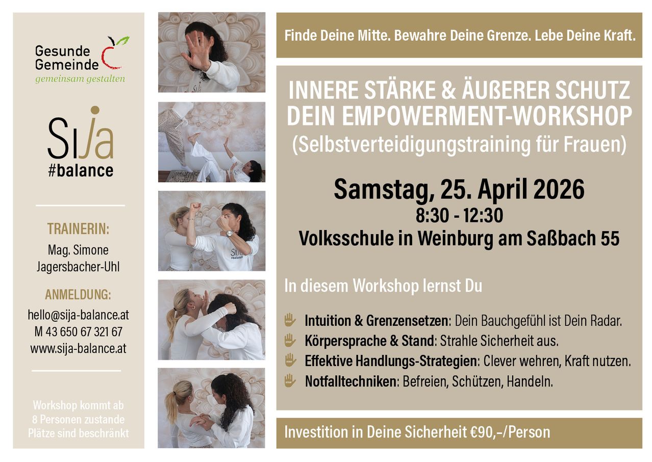 Advertisement for a self-defense workshop on April 25th. Learn intuition, body language, effective strategies, and emergency techniques. Cost: 90€ per person.