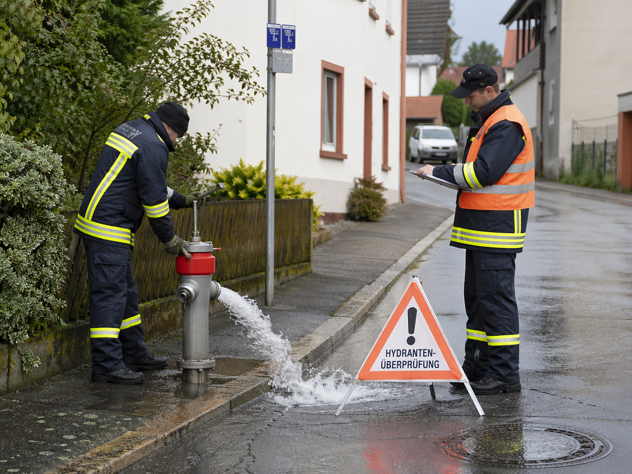 Zwei Feuerwehrleute überprüfen einen Hydranten auf einem nassen Bürgersteig. Der Hydrant sprüht Wasser. Ein Warnzeichen steht in der Nähe.