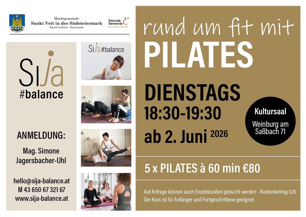 Anzeige für eine Pilates-Klasse. Zeit: Dienstage 18:30-19:30 ab 2. Juni 2026. Kosten: 5 Sitzungen à 60 Minuten für 80 Euro. Kontakt: balance.at.