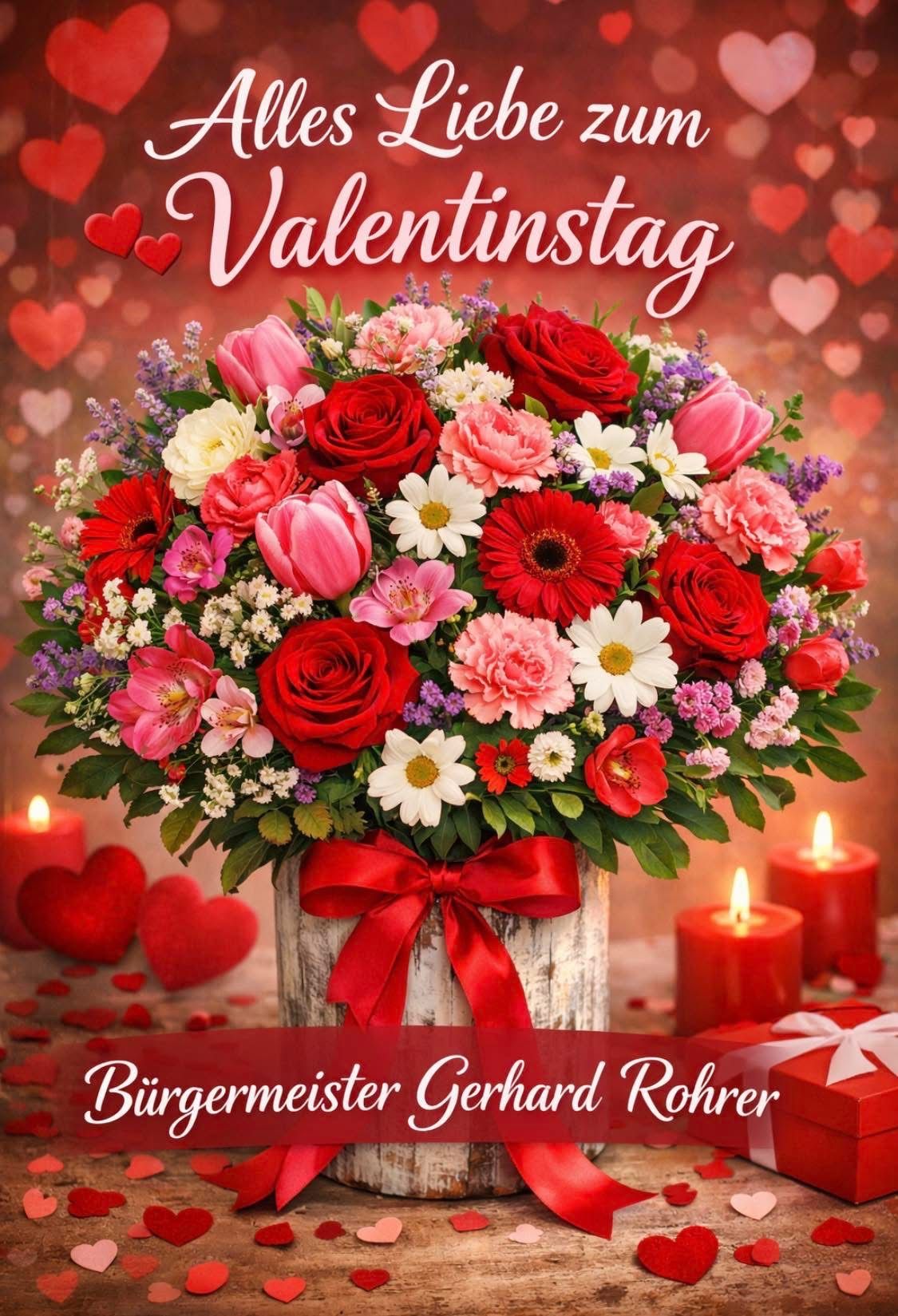 A Valentine's Day card with a bouquet of red, pink, and white flowers in a wooden vase. A red ribbon adorns the vase, and two red candles flank the bouquet, with heart-shaped designs in the background.