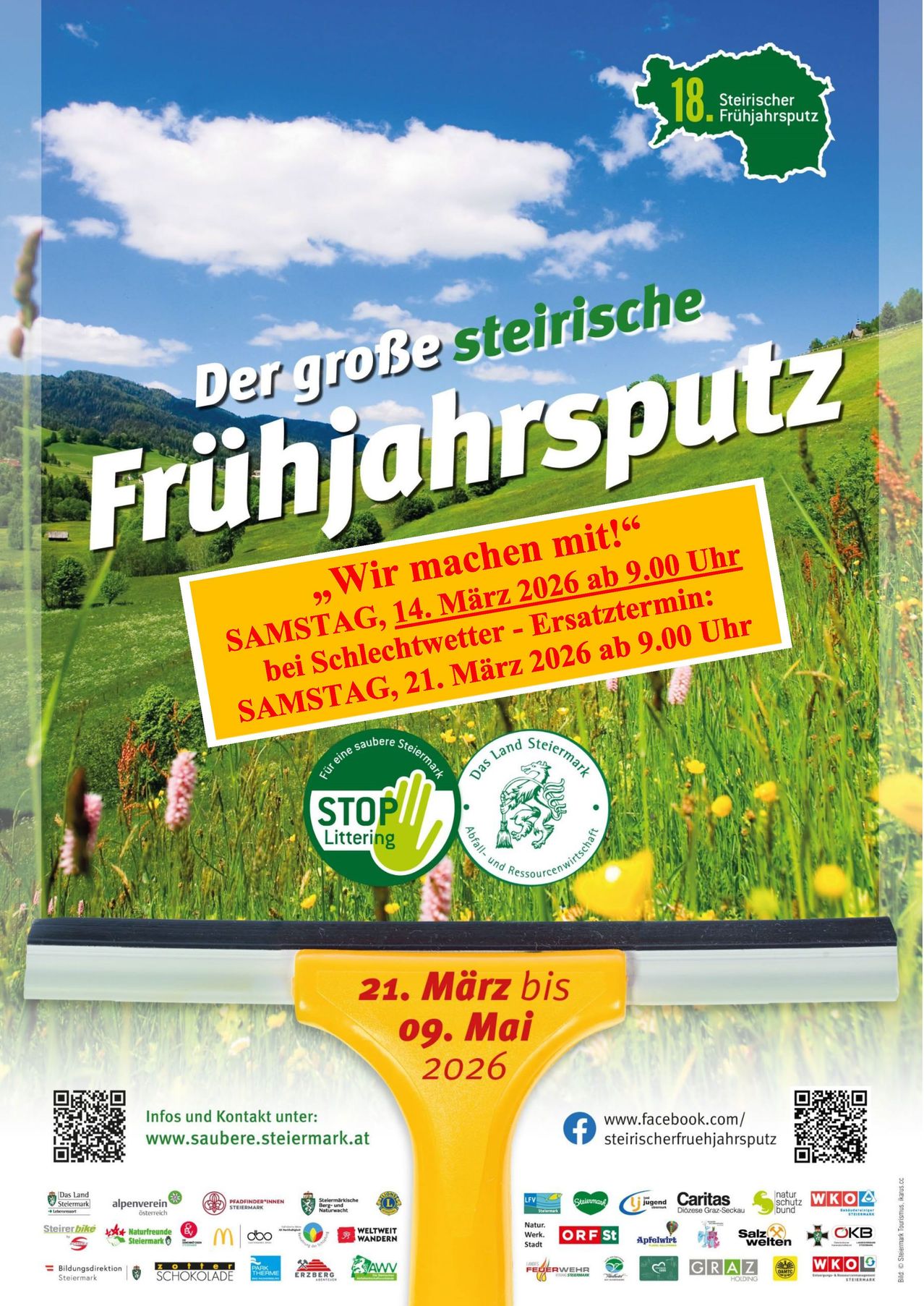 Werbeplakat für die steirische Frühjahrsputzaktion. Es enthält Termine, Zeiten und Orte für zwei separate Veranstaltungen. Die Termine sind der 14. und 21. März 2026. Die Zeit ist 9:00 Uhr. Die Orte sind nicht angegeben.