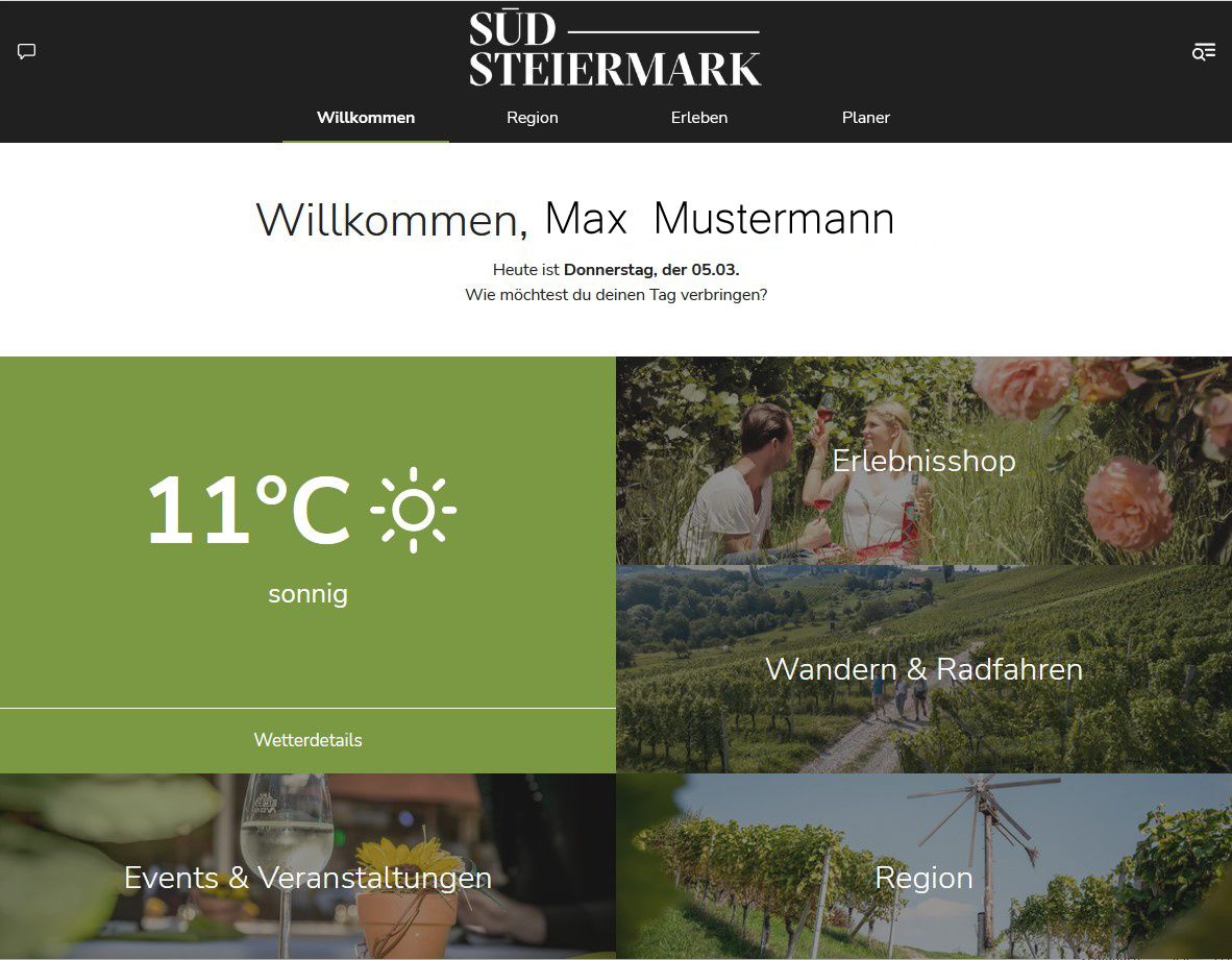 Homepage von Sudsteiermark mit einer Willkommensnachricht für Max Mustermann. Es zeigt das Wetter mit 11 Grad Celsius und sonnig. Abschnitte umfassen 'Erleben', 'Planner', 'Events & Veranstaltungen' und 'Region'.
