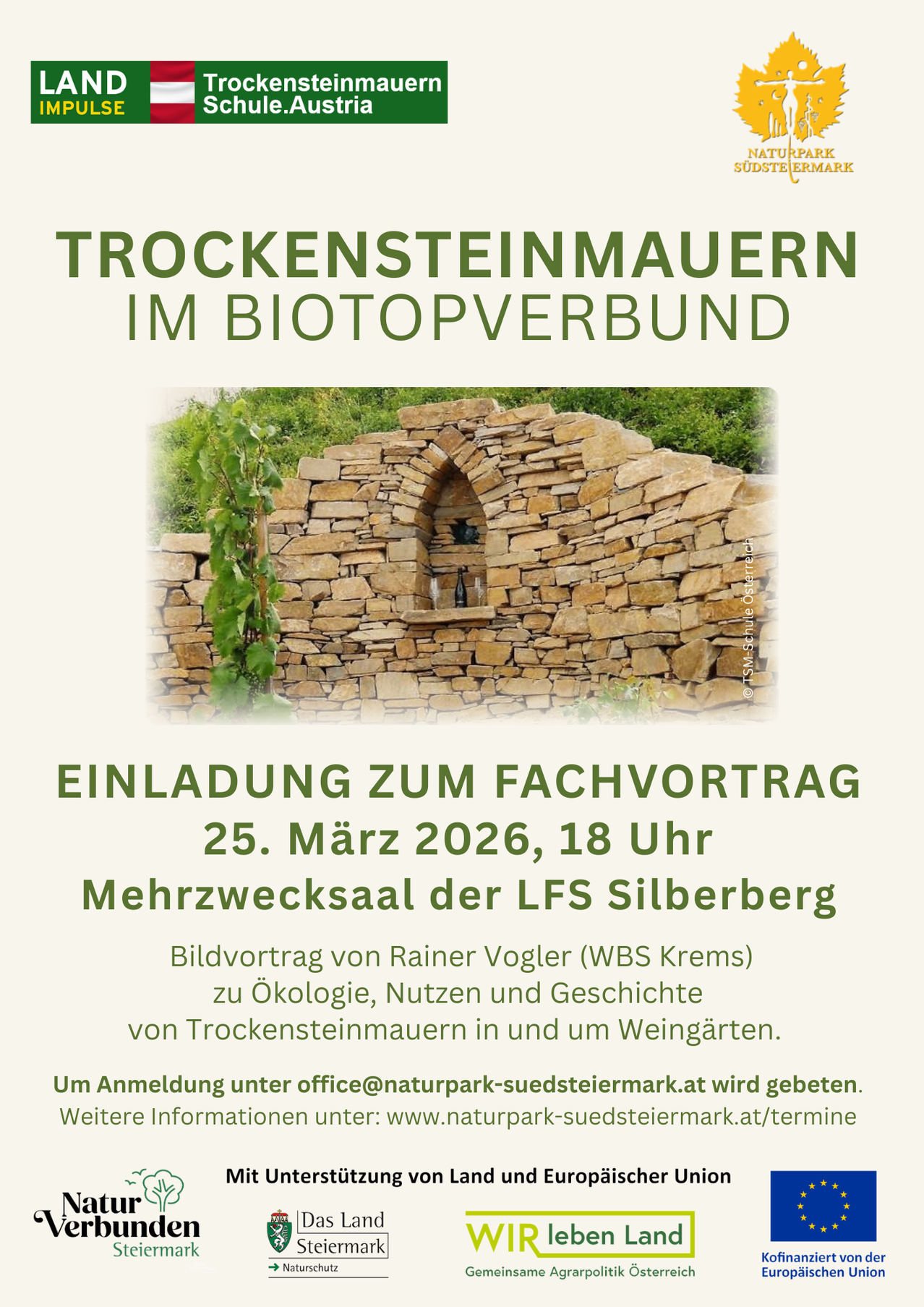 Einladung zum Fachvortrag über Trockensteinmauern im Biotopverband am 25. März 2026, 18 Uhr. Der Vortrag von Rainer Vogler (WBS Krems) behandelt Ökologie, Nutzen und Geschichte von Trockensteinmauern in Weinbergen. Anmeldung unter office@naturpark-suedsteiermark.at. Weitere Informationen unter www.naturpark-suedsteiermark.at/termine.