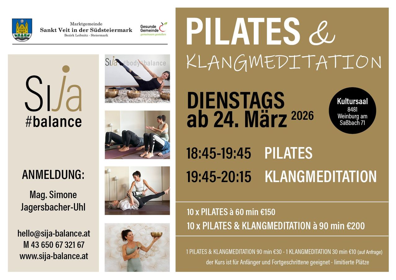 Plakat für Pilates und Klangmeditation. Es zeigt einen Zeitplan für Pilates und Klangmeditation dienstags ab dem 24. März 2026. Das Plakat enthält Zeiten, Preise und Kontaktdaten.